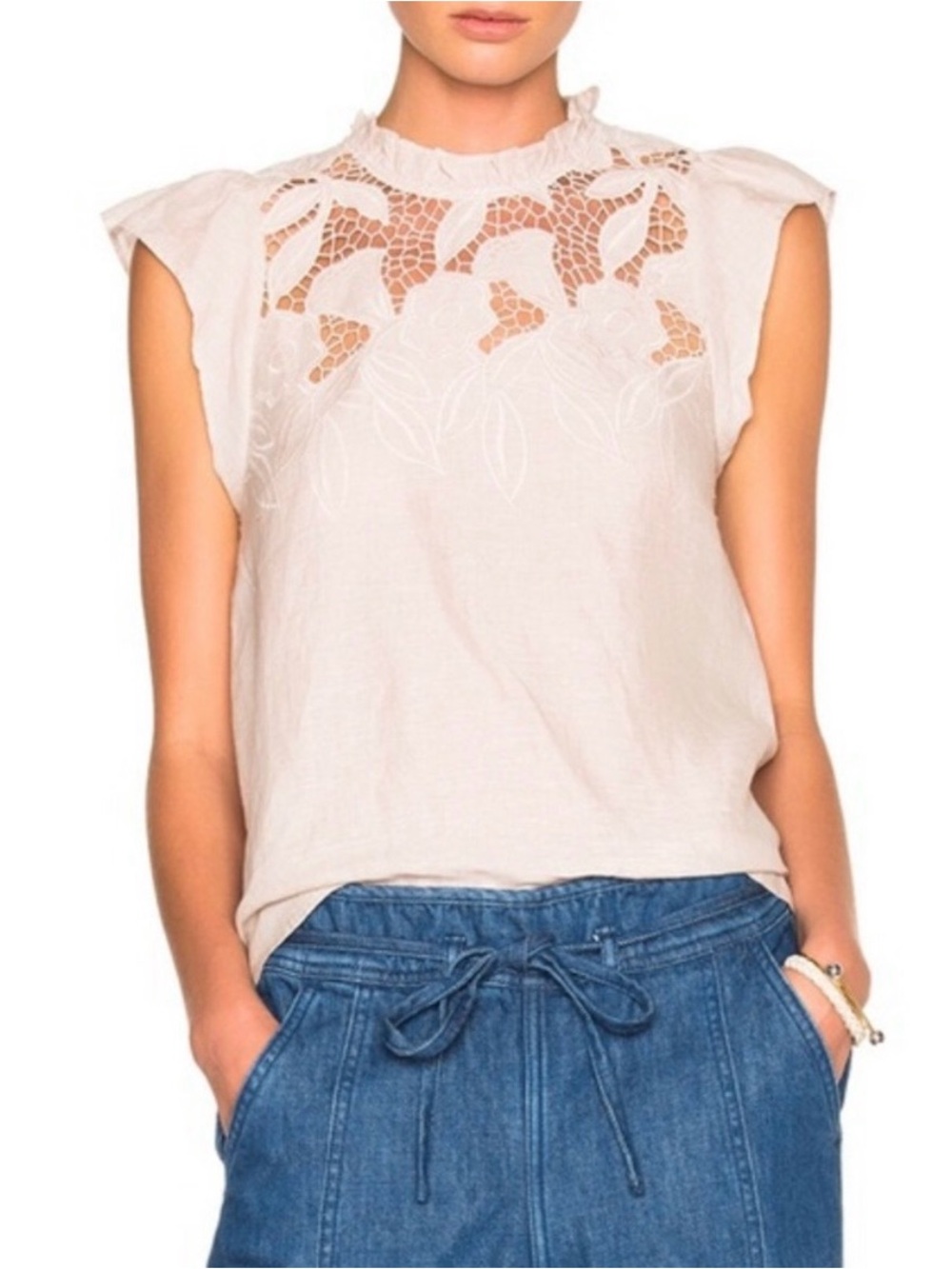 Ulla Johnson Aimee Linen Lace Eyelet Top Floral Embroidered Tan Size 4
